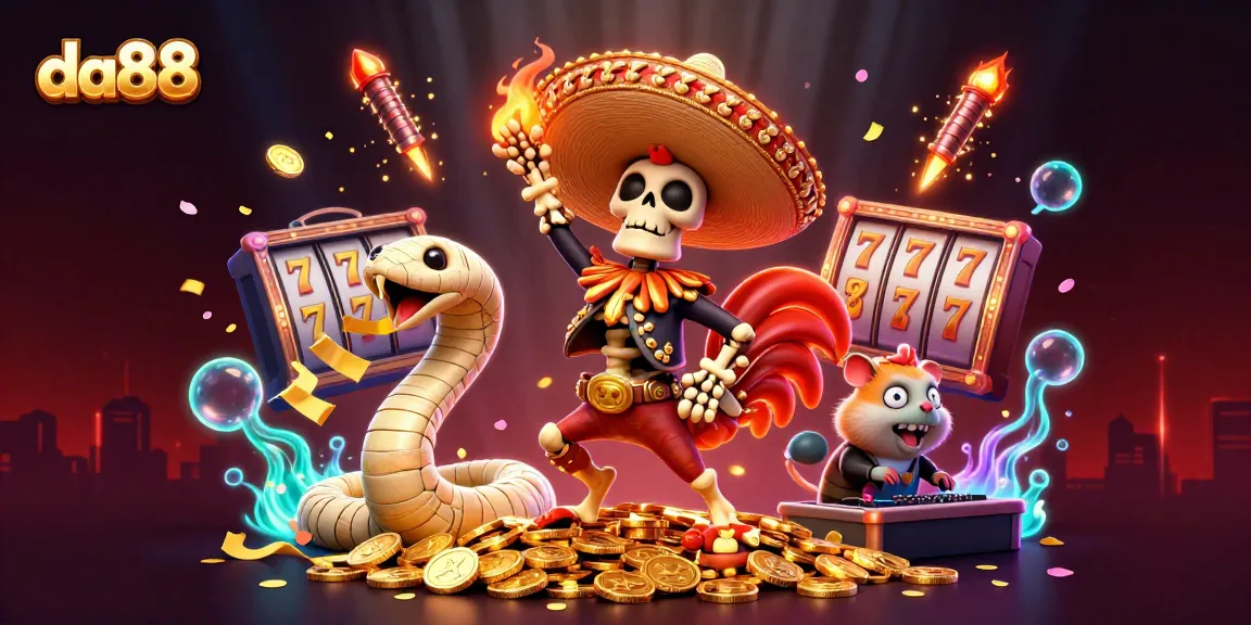 Experience da88's vibrant casino atmosphere with dynamic characters celebrating on golden coins.