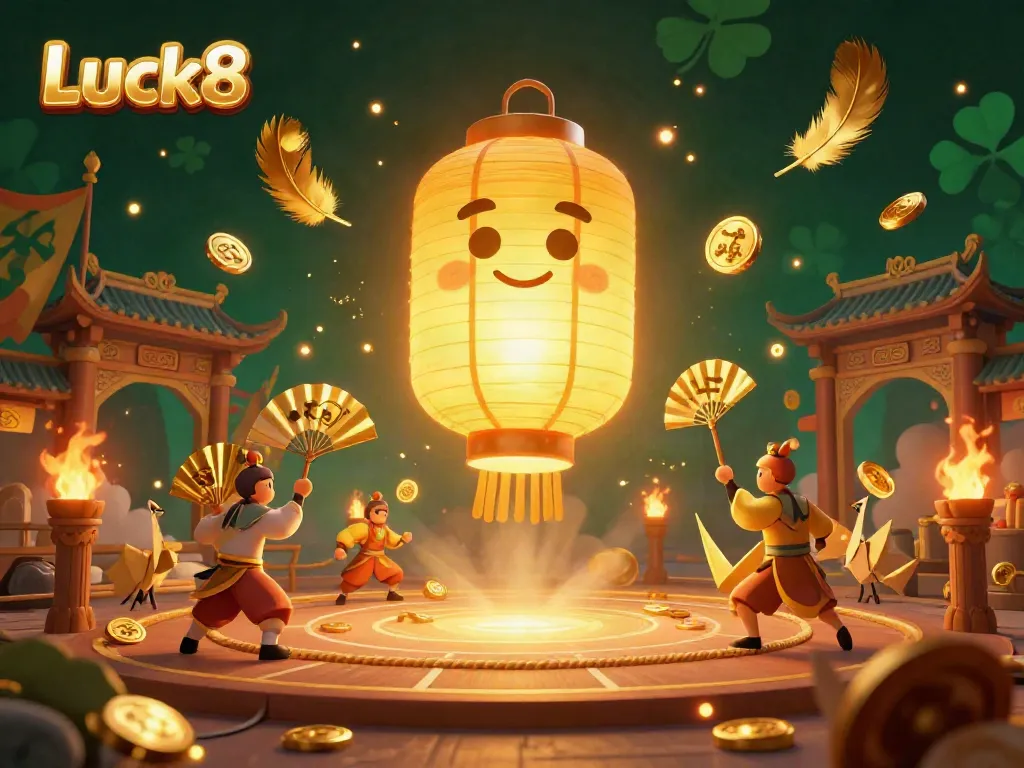 Experience the vibrant casino atmosphere at Luck8 with a glowing lantern spirit and golden companions.