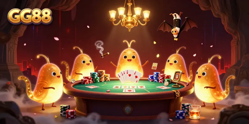 Experience GG88 at a vibrant casino scene with glowworms and a bat dealer amidst poker elements.