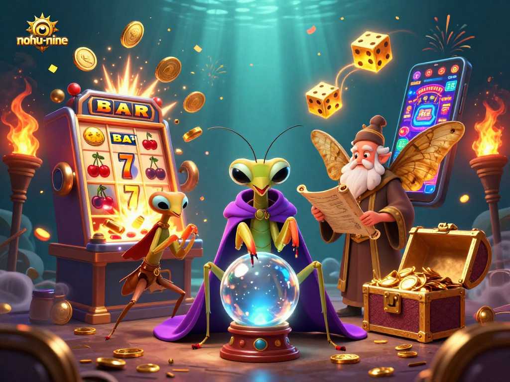 Experience nohu-nine's captivating fortune-telling scene amid dynamic casino games with rich, colorful details.