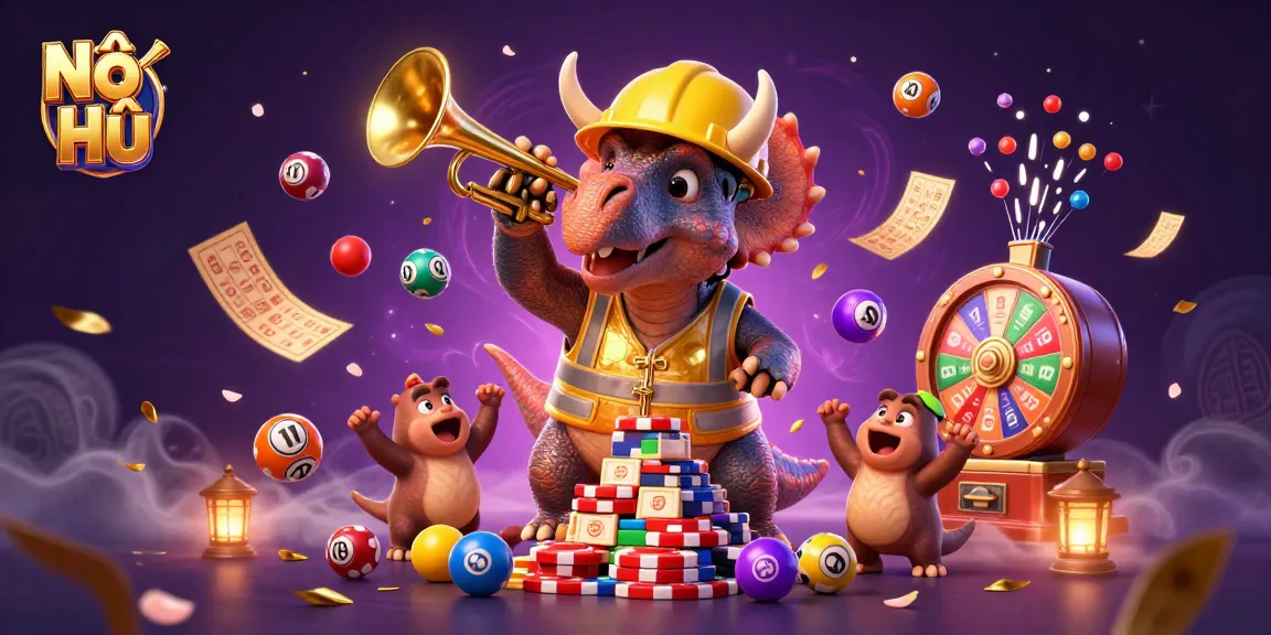 Nổ Hũ brings excitement as the triceratops builds a poker chip pyramid amidst a vibrant casino scene.