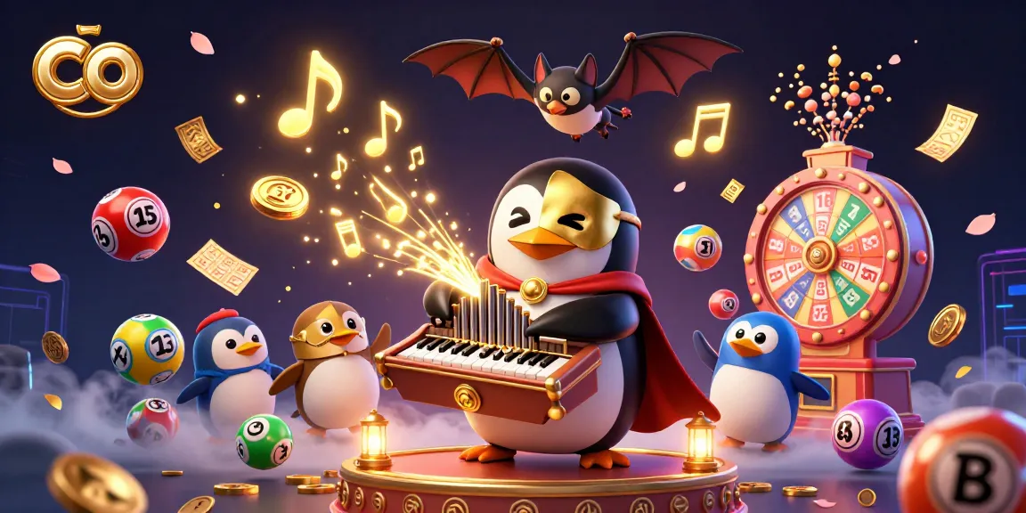 Experience thrilling gaming with "co" as the penguin plays, golden coins flow, and vibrant lottery action unfolds.