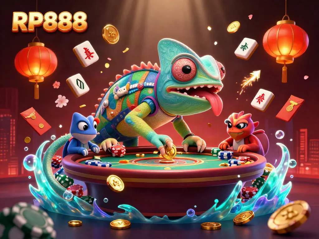 Engage with RP888's vibrant casino ambiance featuring a chameleon character capturing golden coins in a dynamic scene.