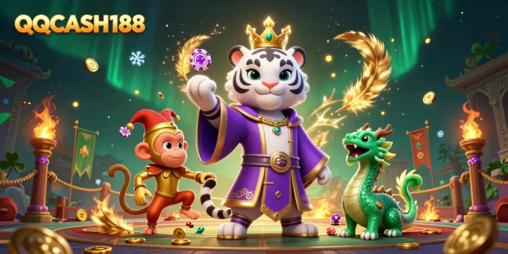 Experience immersive gameplay with QQCASH188, showcasing vibrant casino elements and animated characters.