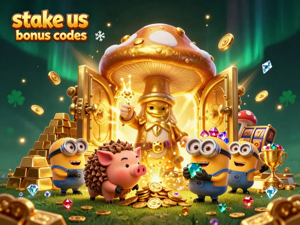 Experience gaming excitement with stake us bonus codes and treasure-filled illustrations in this vibrant 3D scene.