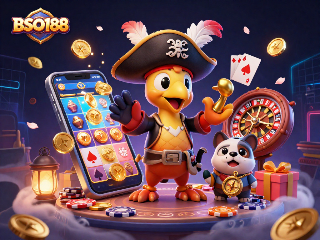 BSO188 offers thrilling online casino adventures with pirates, showcasing a colorful slot game and golden coins.