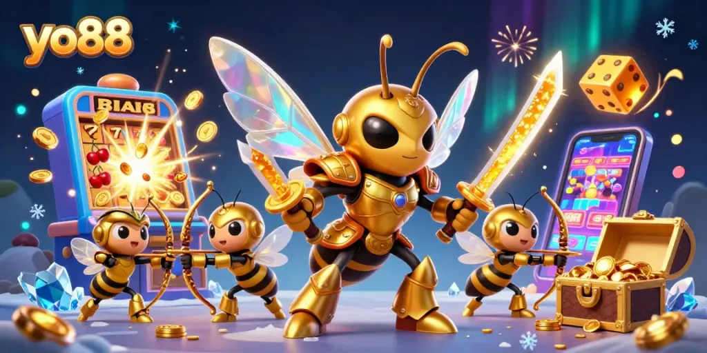 Experience thrilling gameplay at yo88 with a dynamic illustration of a samurai hornet and casino elements.