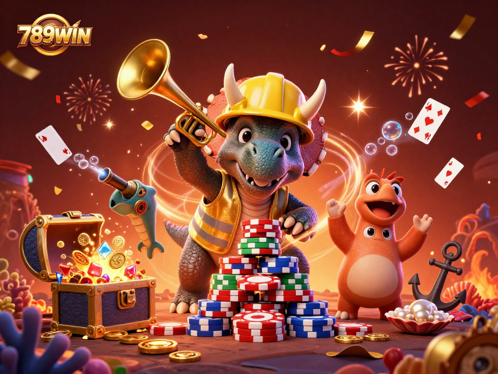 Experience the excitement of 789WIN as triceratops build poker chip pyramids in celebration.