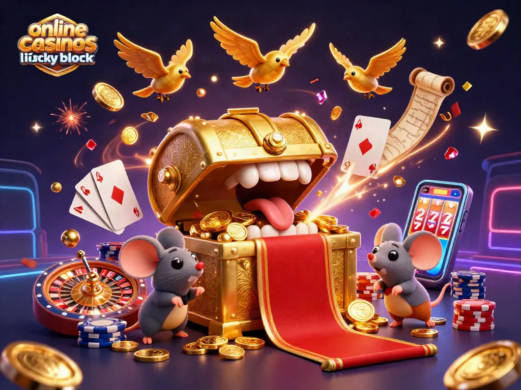 Experience exciting gameplay and winning potential at online casinos like Lucky Block with this vibrant illustration.