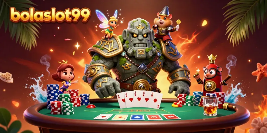 Experience thrilling gameplay as bolaslot99 showcases an epic scene with a stone golem, fairy, and hamster knight at a poker table.