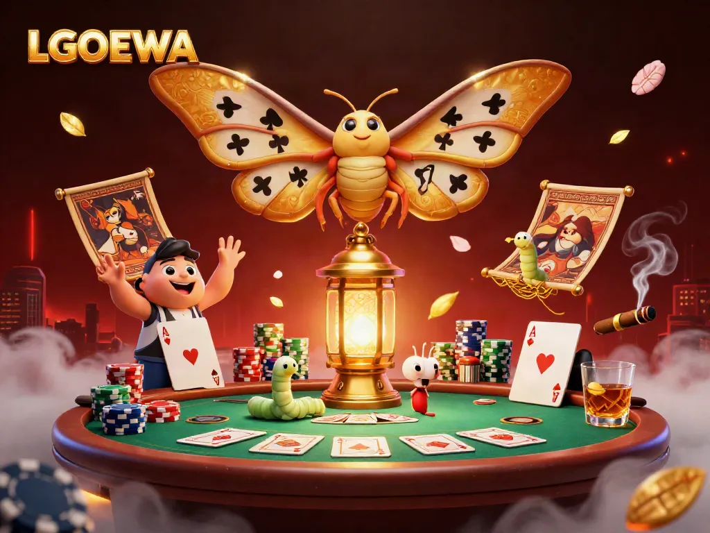 Engage with LGODEWA through vibrant 3D casino art showcasing unique moth and poker elements.
