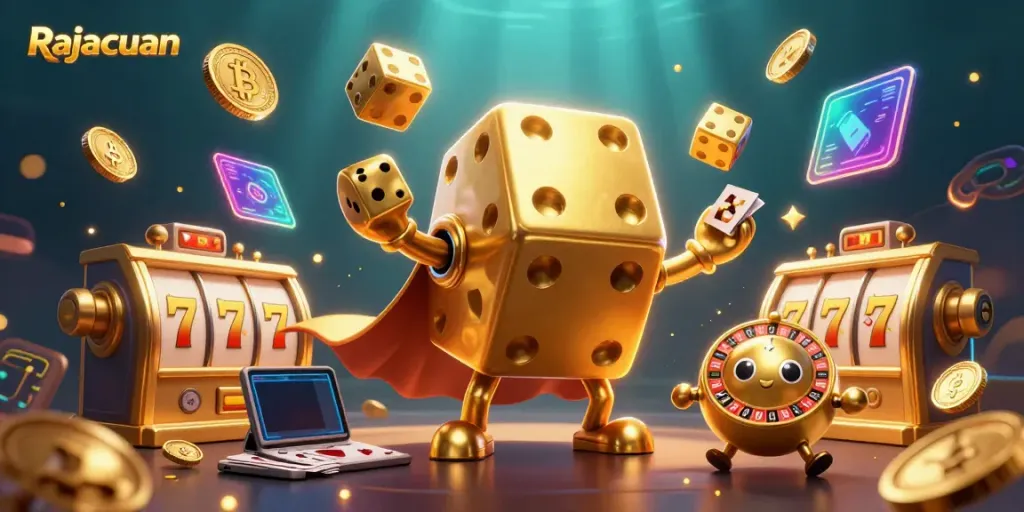 Permainan dengan Rajacuan, dadu emas besar dan elemen slot memikat dalam ilustrasi 3D.
