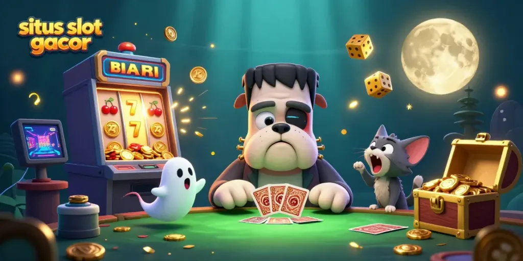 Permainan di situs slot gacor dengan karakter kartun dan slot mesin yang meledak penuh koin.