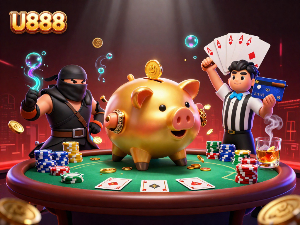Engage with U888's thrilling poker showdown featuring a golden piggy bank sumo wrestler dominant over a wallet-ninja.