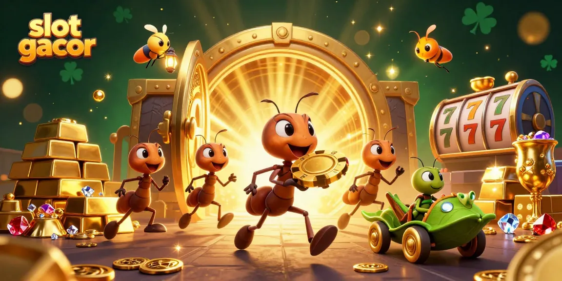 Slot gacor menunjukkan semut 3D mencuri chip poker emas dalam ilustrasi kasino yang megah.