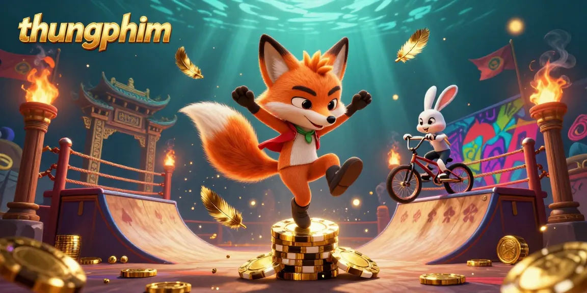 Engage in thrilling gameplay at thungphim with animation of fox and rabbit performing stunts over poker chips.