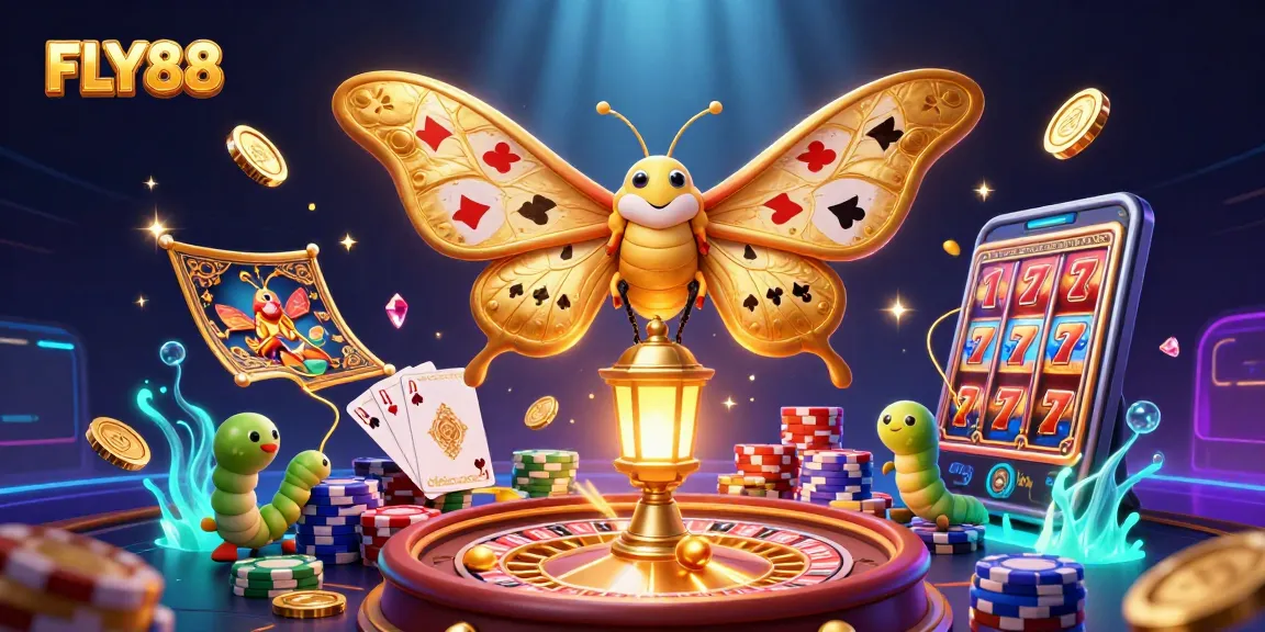 Spin to win with FLY88's thrilling casino games featuring a vibrant 3D illustration.