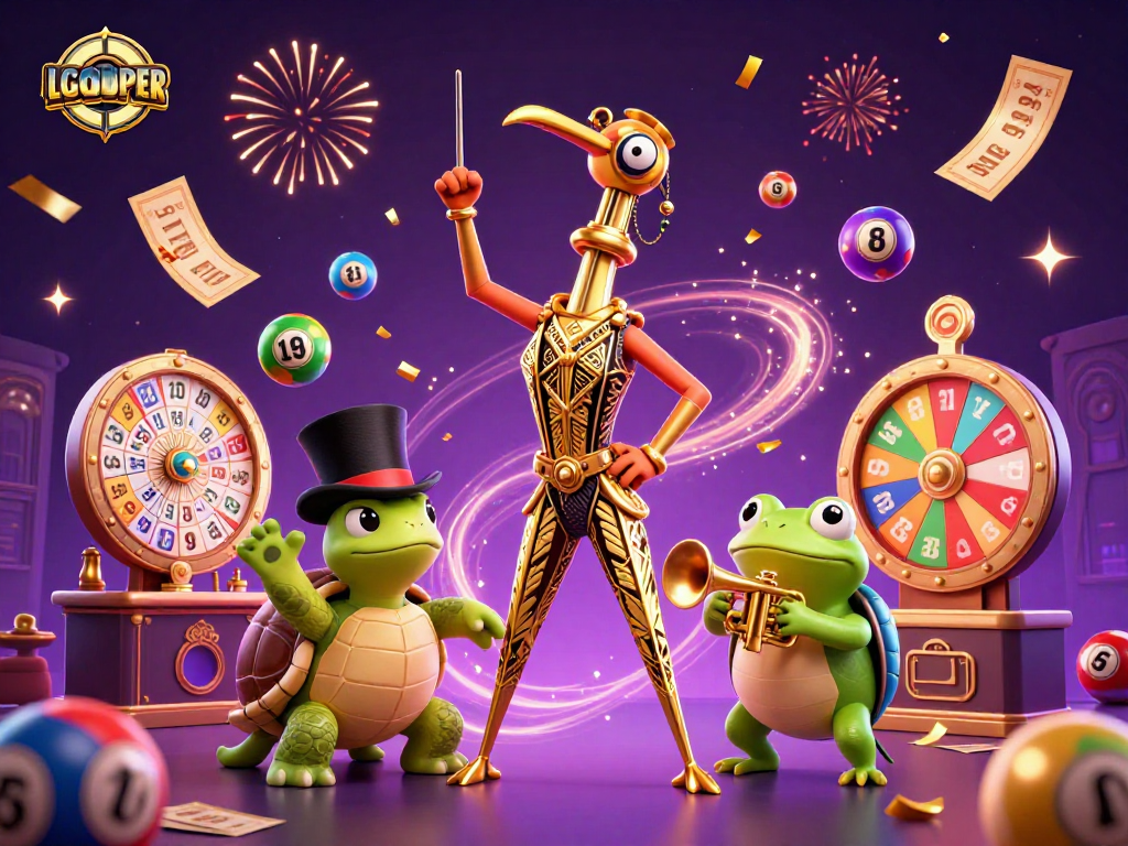 Engage with the vibrant LGOSUPER gaming scene featuring lively characters and dynamic lottery elements.