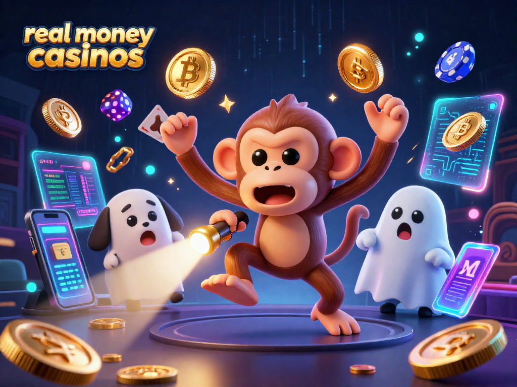 Engage with real money casinos as a mischievous poltergeist monkey juggles gold in a haunted casino.