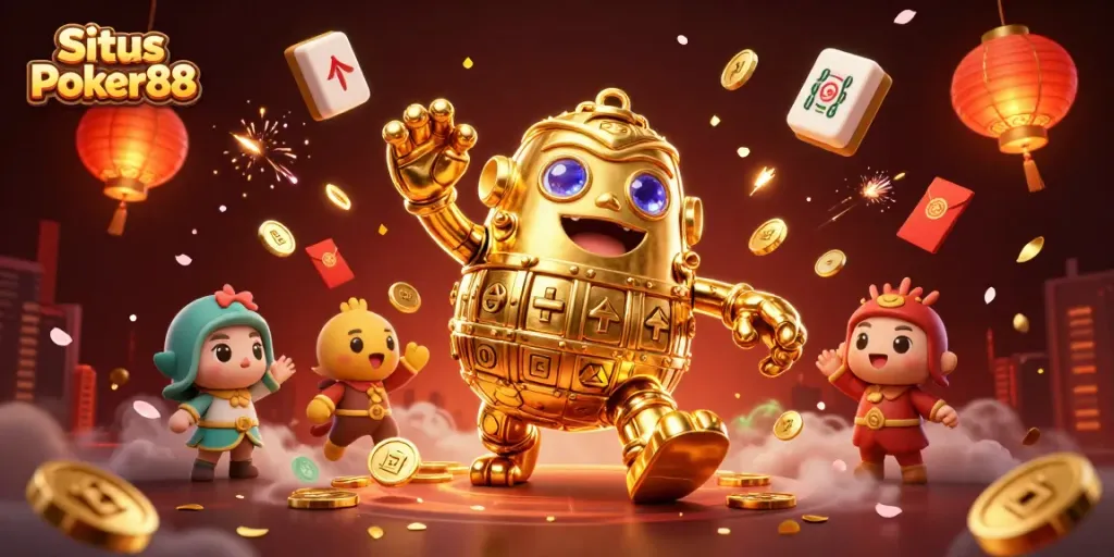 Situs Poker88 showcases a golden golem amidst dynamic casino elements in a vibrant 3D illustration.