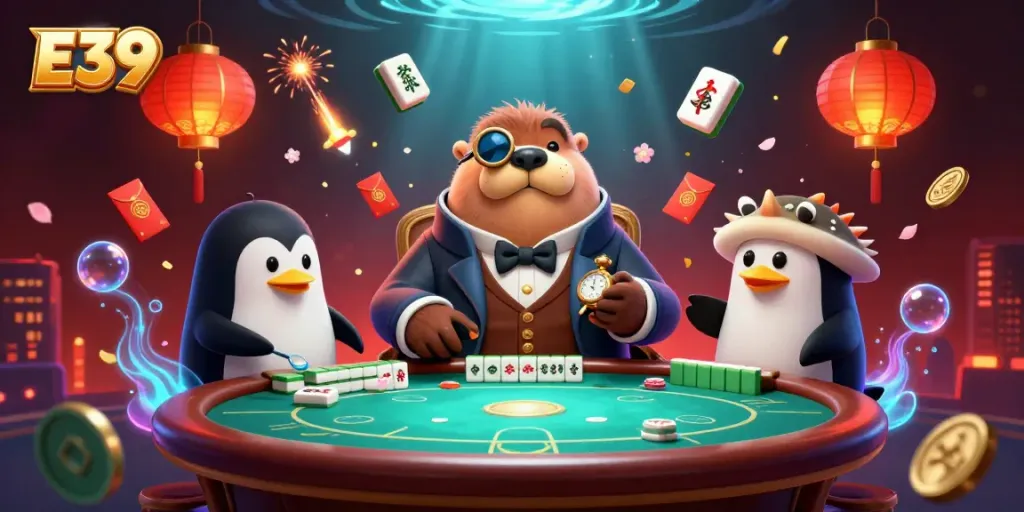 Experience E39's vibrant underwater poker scene with a jolly walrus and sophisticated dealer.