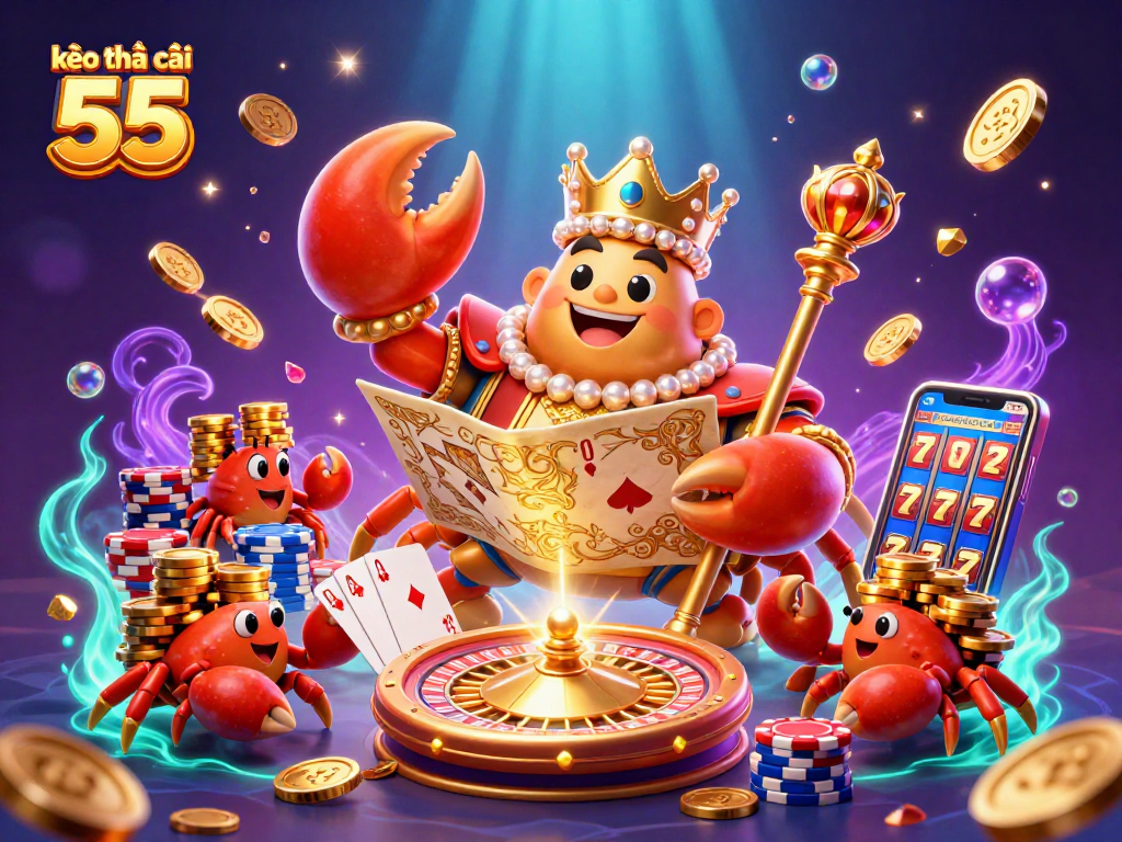 Spin to win with kèo nhà cái 55 in this vibrant 3D illustration filled with golden treasures and casino excitement.