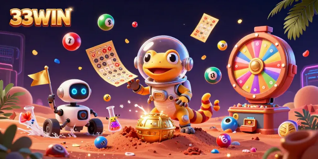 Engage in the excitement of the 33WIN casino with a Martian gecko discovering riches on Mars.