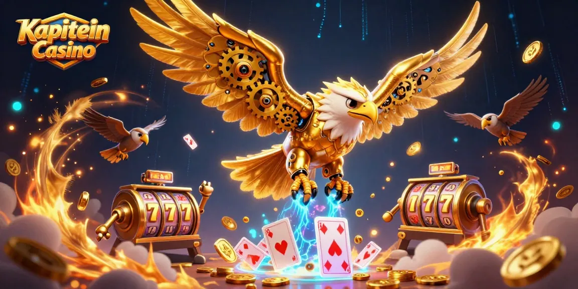 Kapitein Casino menampilkan elang sibernetik terbang di atas gulungan slot dan koin emas.