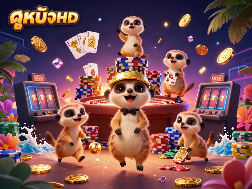 Experience the excitement of ดูหนังHD with a lively meerkat casino scene showcasing games and vibrant elements.