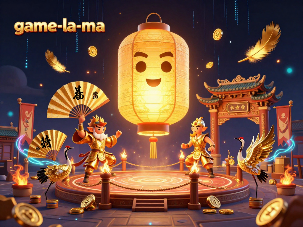 Experience thrilling wins with game-la-ma showcasing spirited characters above a vibrant casino scene.