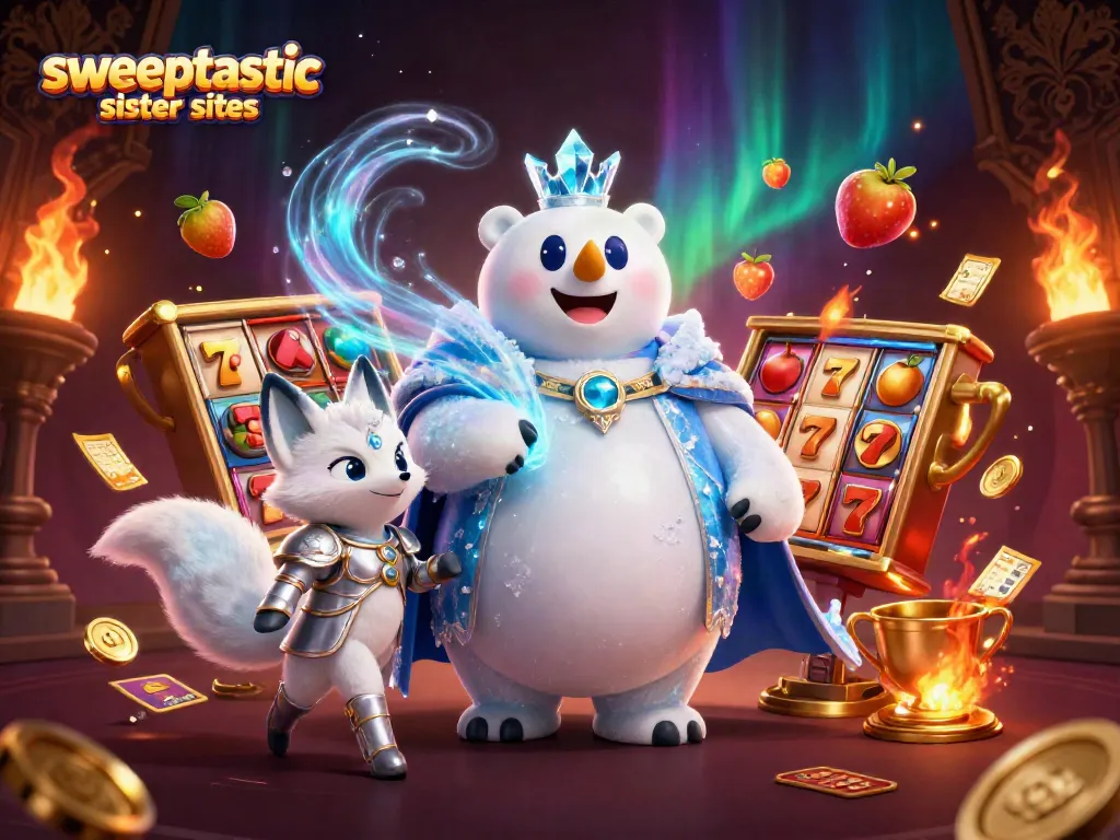 Sweeptastic sister sites comparison featuring a frosty polar bear and snow fox amidst dynamic slot game elements