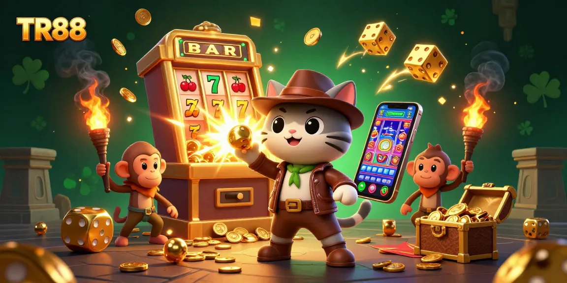 Join the excitement at TR88 with a vibrant 3D scene showcasing thrilling casino games and energetic characters.