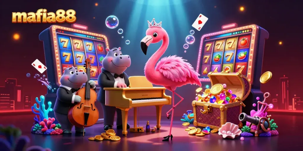 Berpartisipasi dalam permainan seru di mafia88 dengan penyanyi flamingo dan musisi hippo di kasino virtual.