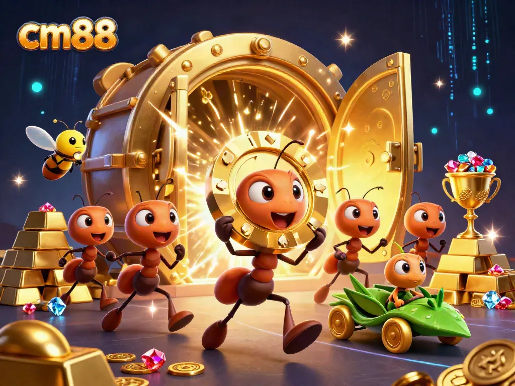 Experience thrilling heists in cm88 with cartoon ants stealing giant poker chips in a dazzling casino.