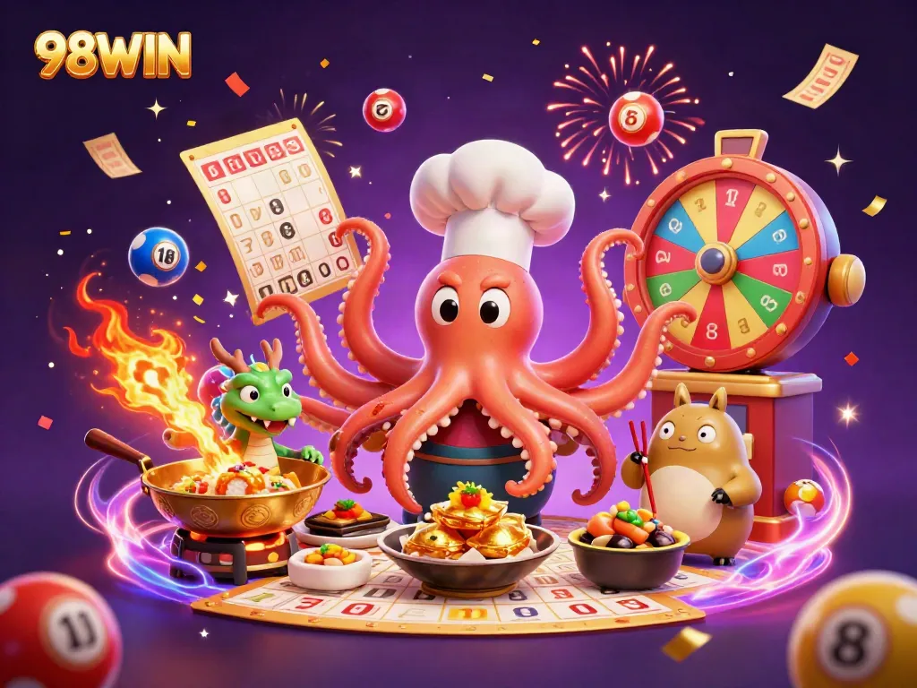 Experience thrilling gaming at 98WIN with colorful lottery elements and animated characters in a captivating casino scene.