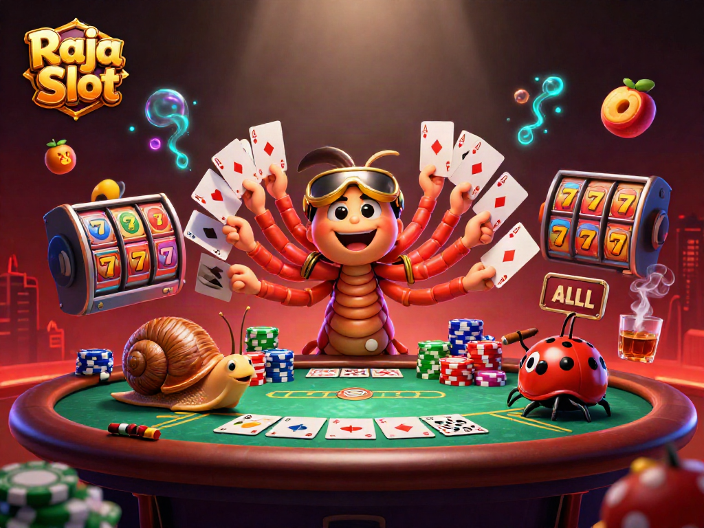 Experience Raja Slot excitement with a cartoon dealer, colorful poker chips, and thrilling game elements.