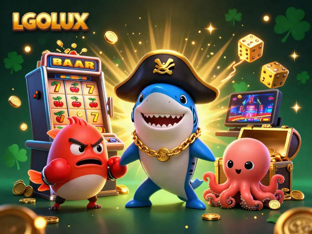 Join the excitement with LGOLUX as a pirate shark and friends celebrate a jackpot win in a colorful casino.