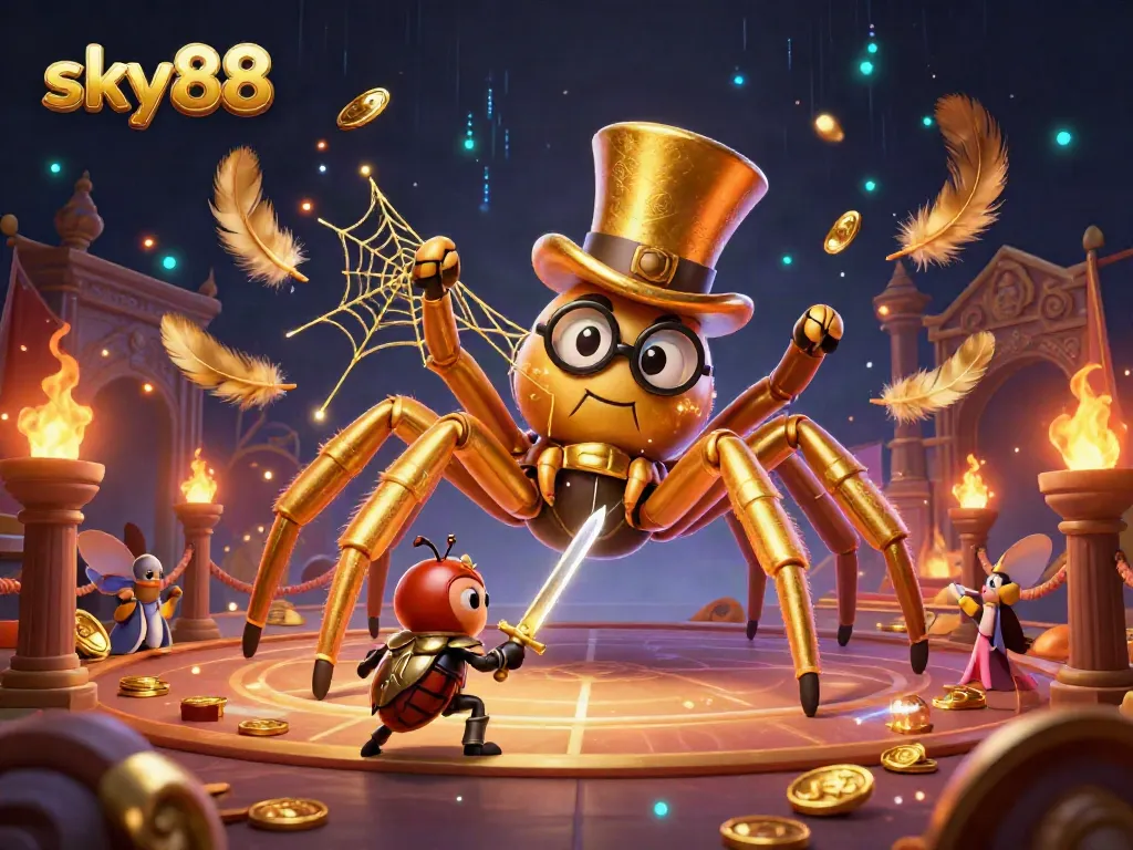 Engage with the thrilling action of sky88 as a golden tarantula weaves winning threads in a vibrant casino scene.
