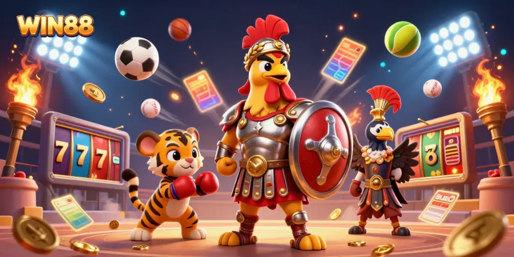 Experience the thrill of WIN88 casino games along with action-packed characters in a dazzling 3D scene.