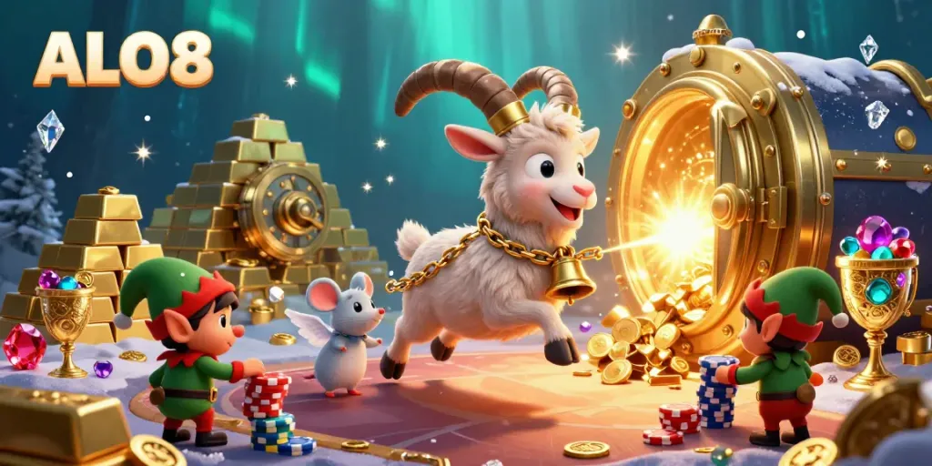 Experience the thrill of ALO8 with vibrant casino action featuring a Krampus goat and mischievous elves.