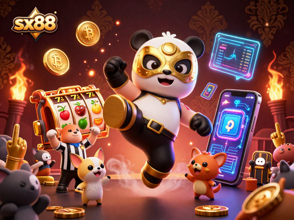 Experience thrilling slots action with sx88 featuring a dynamic wrestling panda amidst vibrant casino elements.