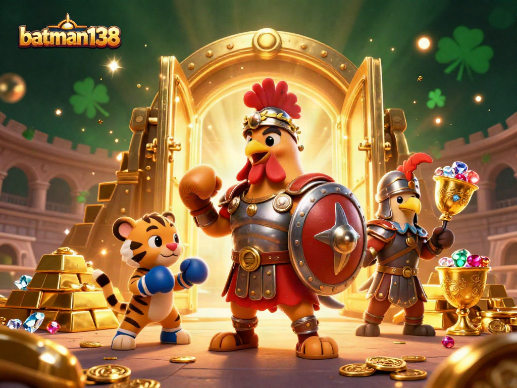 Engage in thrilling play at batman138 as a cartoon rooster leads a vibrant casino battle.