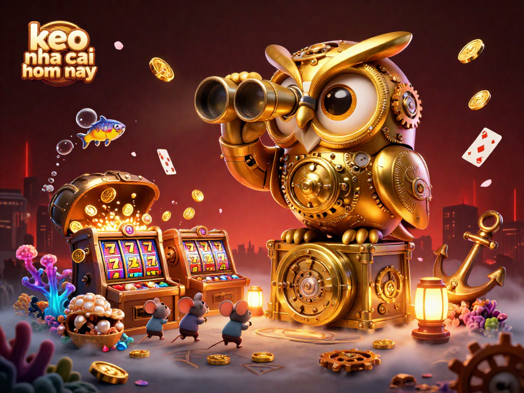 Engage with keo nha cai hom nay while admiring a vibrant 3D casino scene featuring a golden owl and animated slot machines.