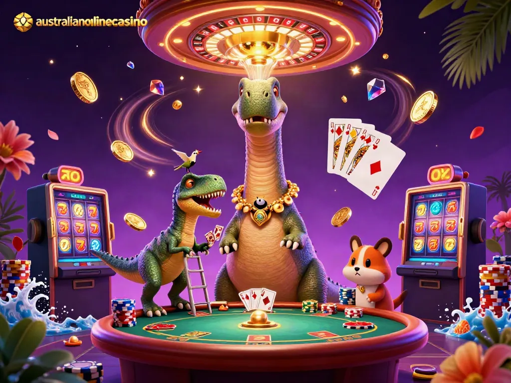 Engage in thrilling gameplay at australianonlinecasino with cascading coins, vibrant characters, and a lively casino scene.