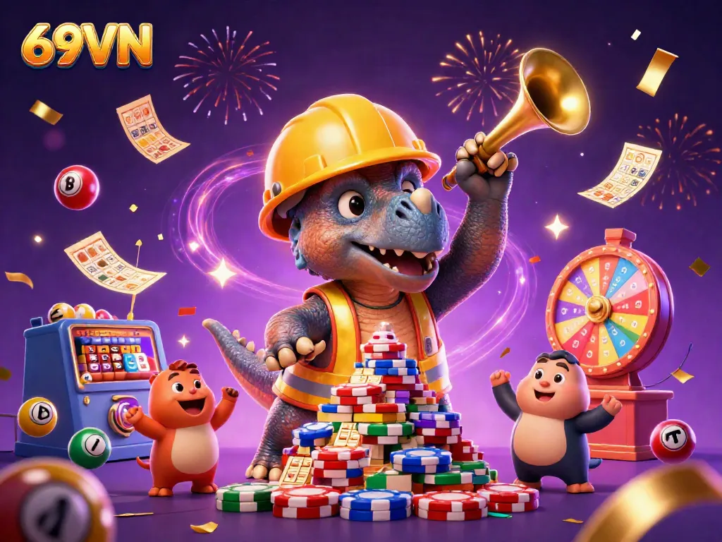 Experience excitement with 69VN's colorful casino-themed celebration featuring a triceratops showcasing fun with lottery elements.