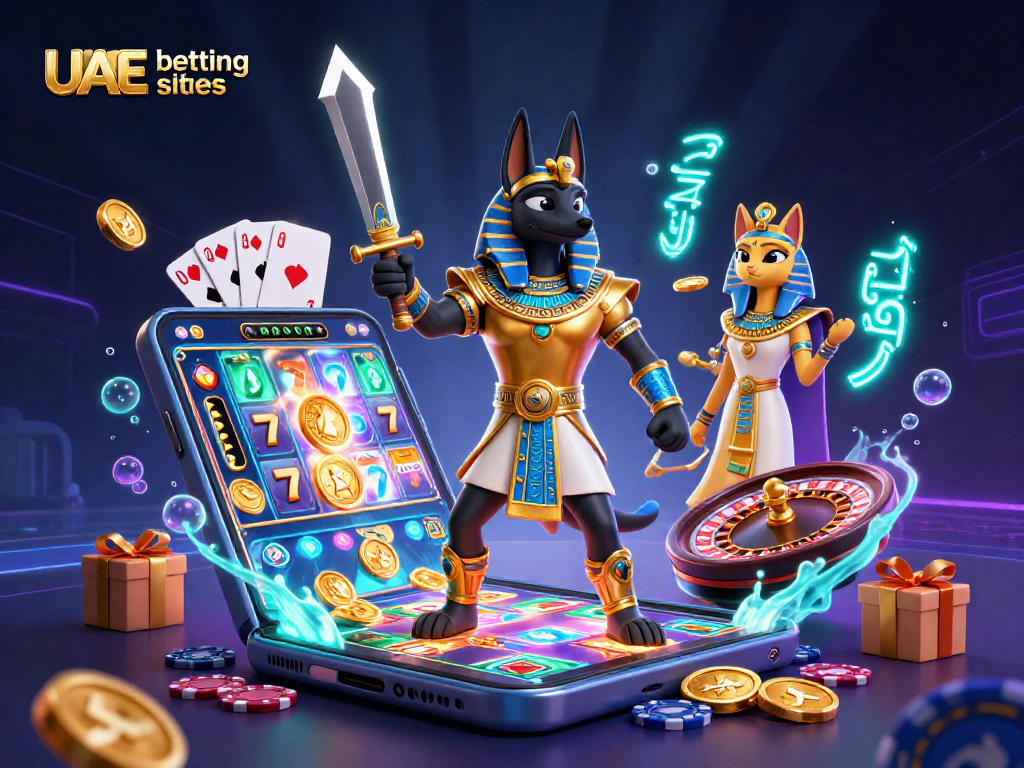 Win big with UAE betting sites featuring Anubis and Bastet in a vibrant casino illustration.