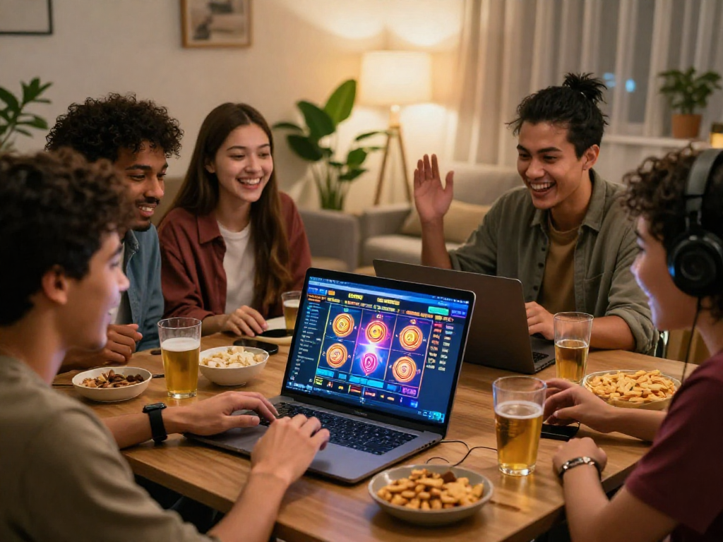 Diverse friends enjoying NX303 link alternatif gaming session, surrounded by snacks and a vibrant online gambling interface in a cozy living room.