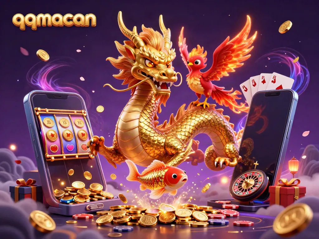 Engage in thrilling gaming adventures with qqmacan as a fierce dragon, phoenix, and koi fish navigate a vibrant casino.