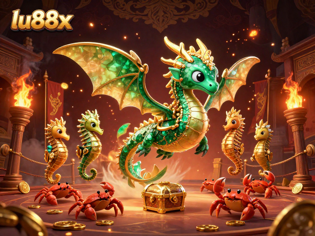 Experience thrilling gameplay at lu88x with a vibrant underwater scene featuring a jeweled dragon, treasure chest, and crabs.