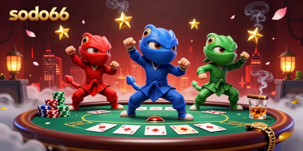 Experience thrilling poker action with sodo66's ninja chameleons showcasing dynamic moves amid colorful gaming elements.